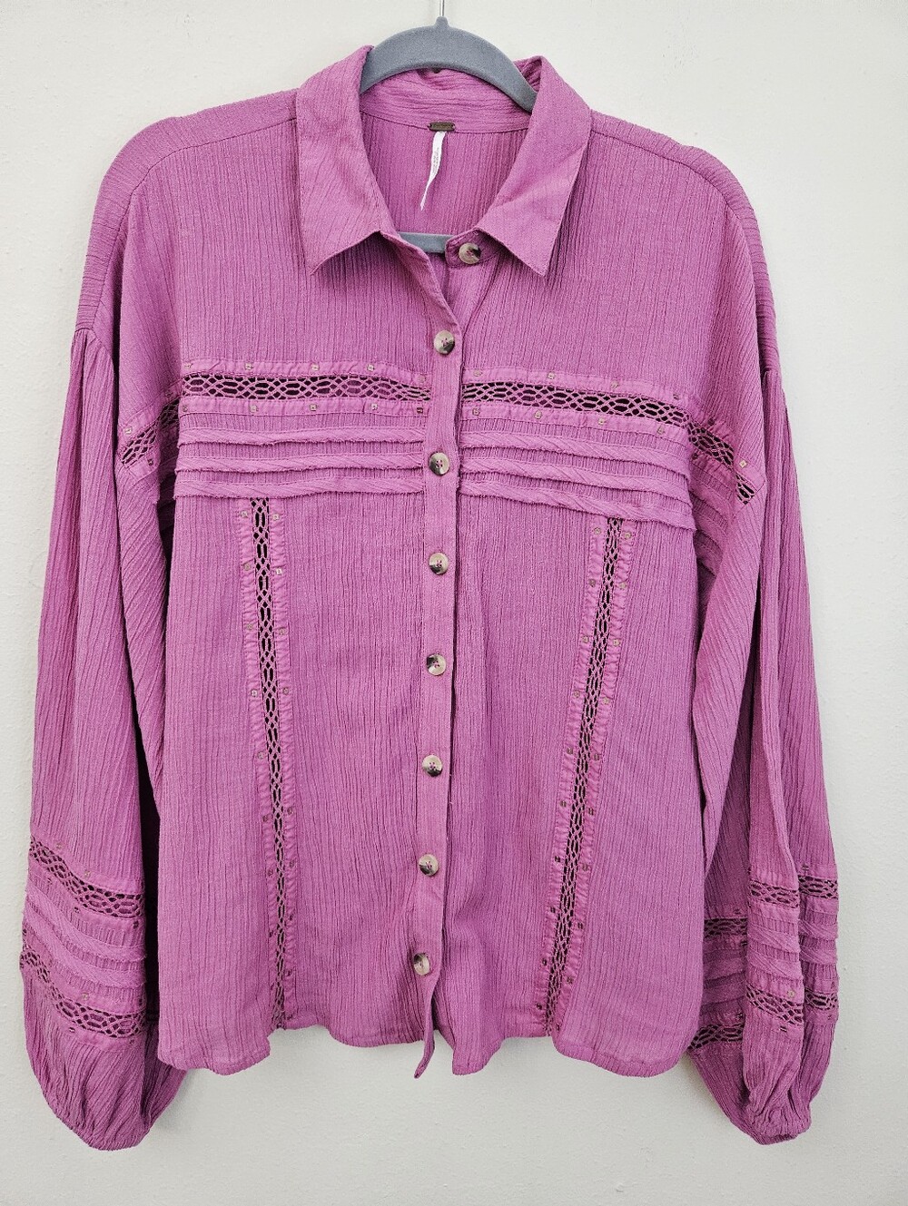Free People Summer Stars Crochet Lace Button Down Shirt Purple Size L